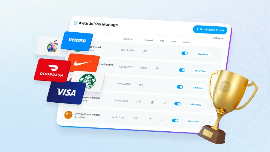 Recognition and rewards platform offering employee incentives, gift cards, and achievement awards