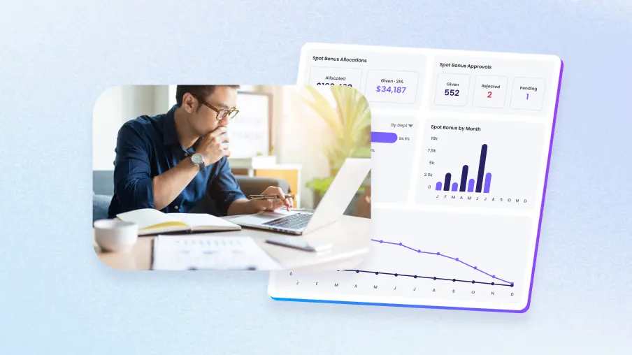 HR manager using Motivosity recognition software to monitor spot bonus allocations and improve employee engagement at a small business
