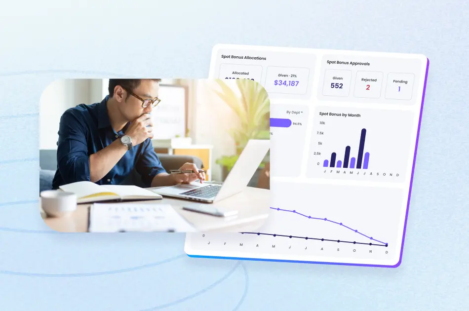 HR manager using Motivosity recognition software to monitor spot bonus allocations and improve employee engagement at a small business