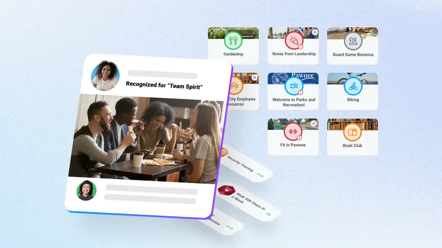Motivosity recognition software interface displaying team spirit award, employee spaces, and social connection tools for improving workplace engagement