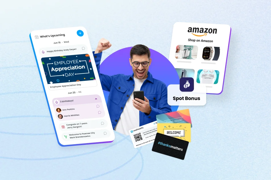 Motivosity recognition platform displaying Employee Appreciation Day milestones, spot bonus tools, and flexible employee rewards for improving engagement and retention