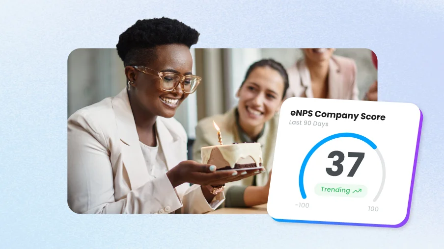 Employee receiving birthday cake at work alongside Motivosity eNPS company score dashboard showing rising employee satisfaction and engagement driven by consistent recognition