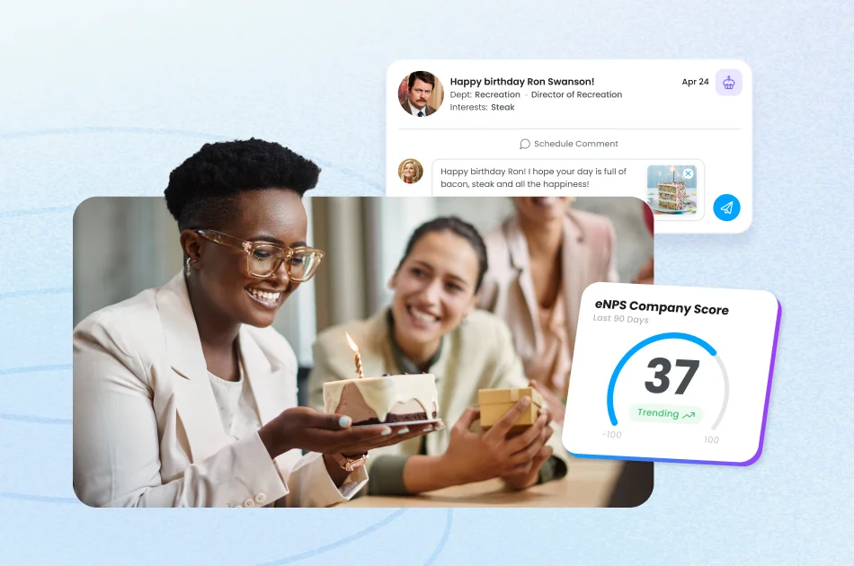 Employee receiving birthday cake at work alongside Motivosity eNPS company score dashboard showing rising employee satisfaction and engagement driven by consistent recognition