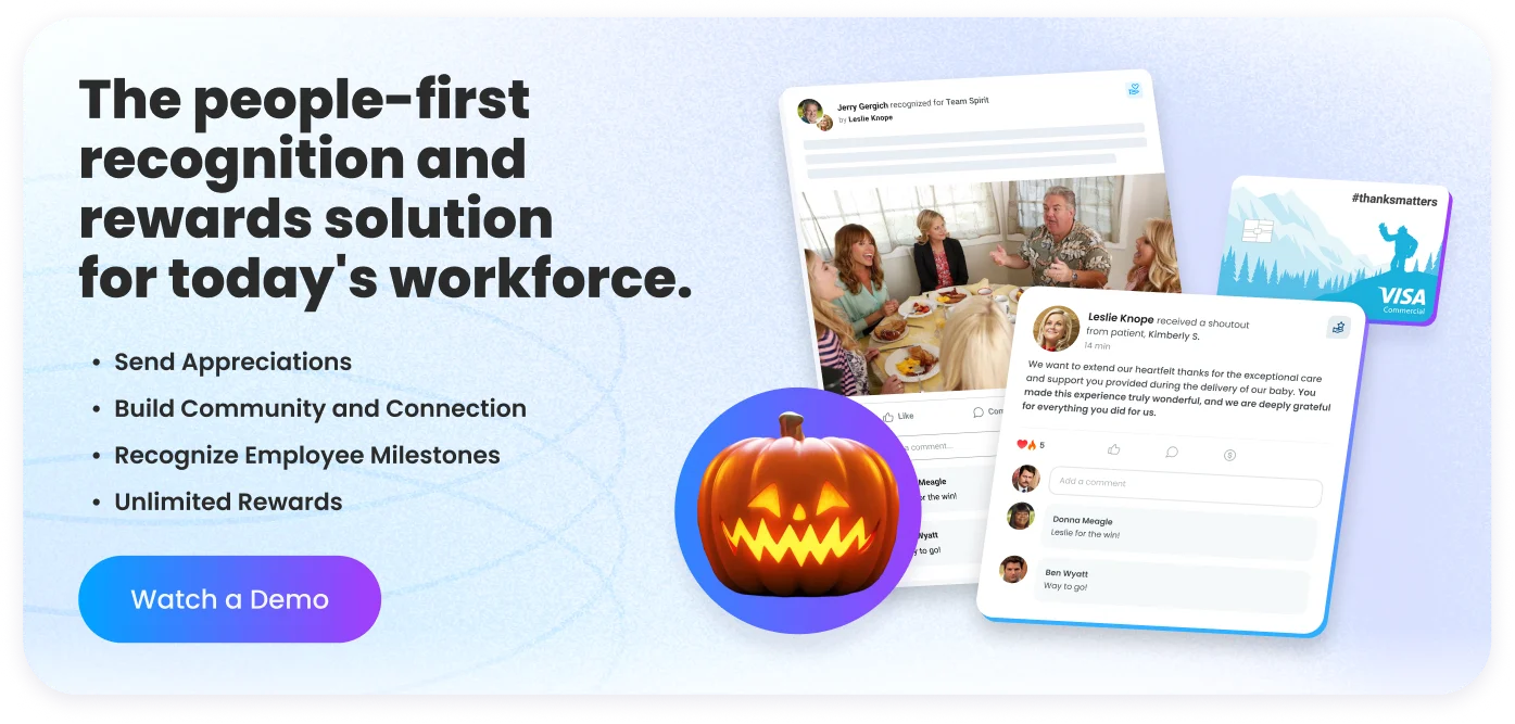 Motivosity people-first employee recognition and rewards platform showing peer appreciation feed, ThanksMatters Visa rewards card, and social engagement features that strengthen company culture year-round