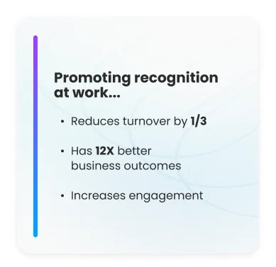 Employee recognition statistics infographic — workplace recognition programs reduce turnover by one-third and deliver 12x better business outcomes for companies of all sizes