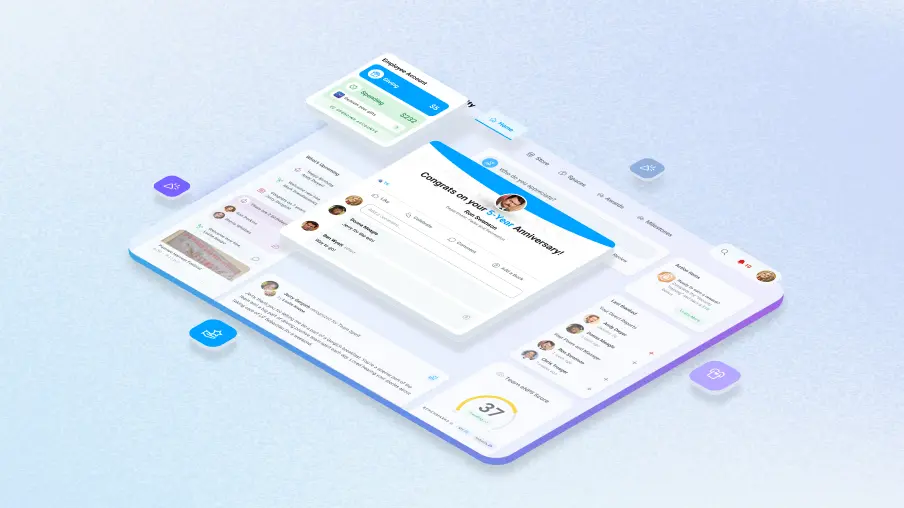 Motivosity employee engagement and recognition software dashboard displaying peer-to-peer appreciation feed, milestone celebrations, team eNPS score, and employee rewards for small and medium businesses