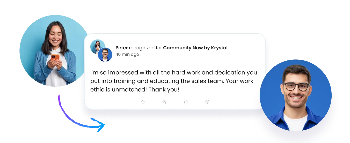 Motivosity peer-to-peer employee recognition platform showing values-based appreciation post from one coworker to another, improving team connection and employee engagement