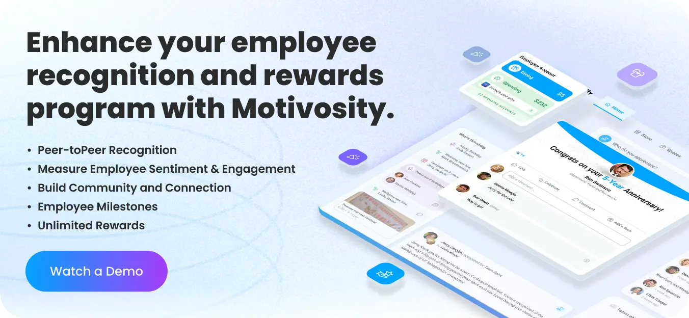 Motivosity employee recognition and rewards program platform CTA showing peer-to-peer appreciation feed, milestone celebrations, employee account, and unlimited rewards to enhance company culture