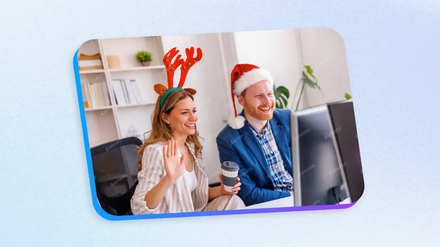 Office employees in holiday gear participating in a virtual Christmas team celebration, illustrating remote-friendly holiday engagement ideas that strengthen company culture and employee belonging