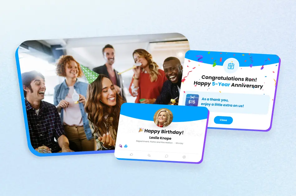 Motivosity platform UI showing birthday and work anniversary milestone gifts, automating employee recognition and rewards