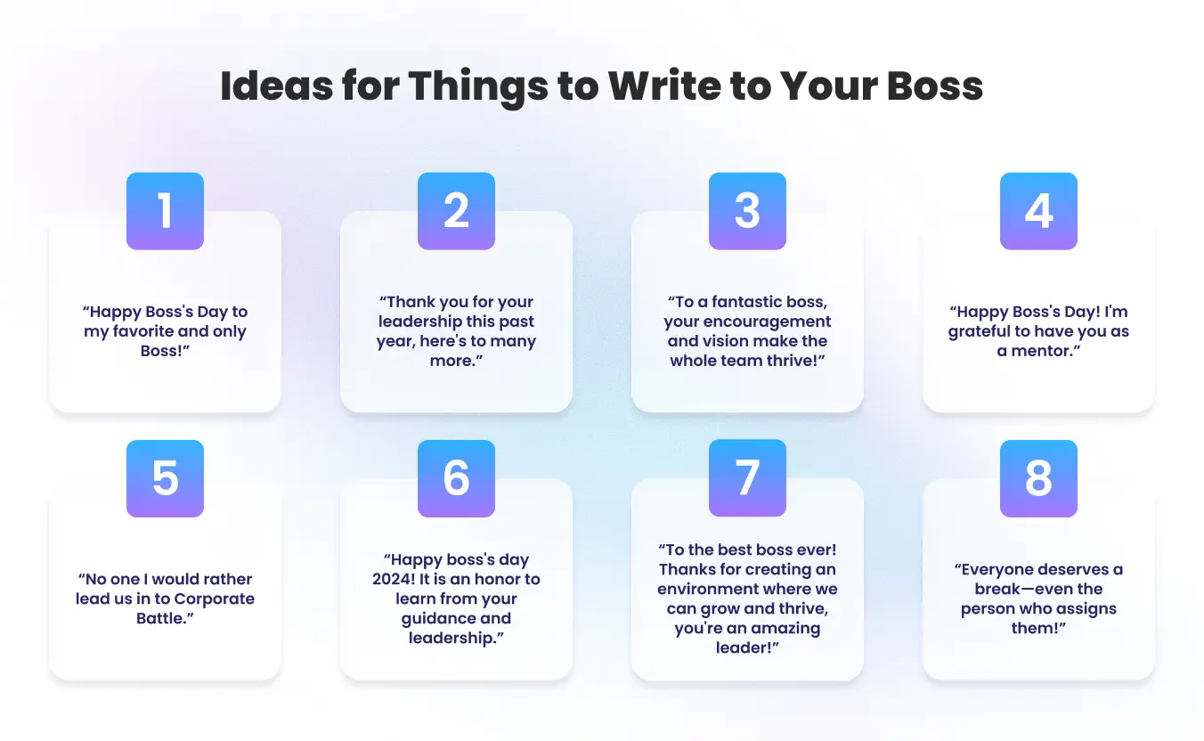 Infographic listing 8 message ideas for Boss's Day to inspire meaningful manager recognition and employee engagement