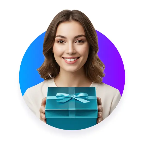 Smiling employee holding a gift box representing manager gifting ideas and employee recognition rewards from Motivosity