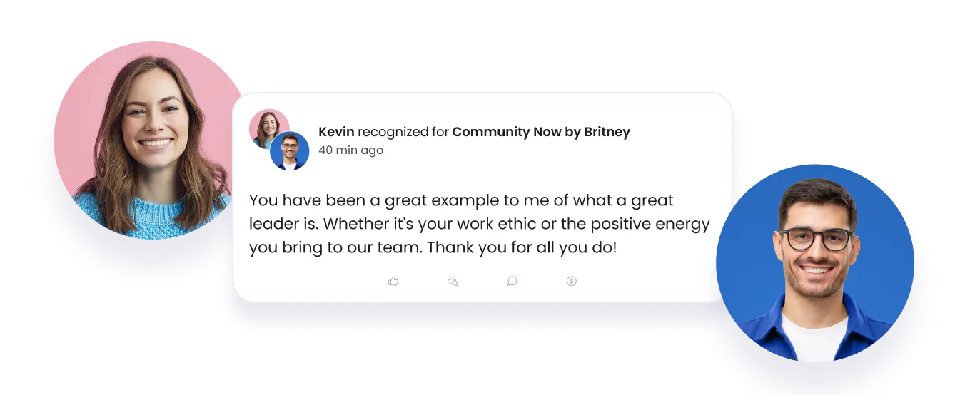 Motivosity recognition feed showing peer-to-peer manager appreciation post supporting employee recognition software features
