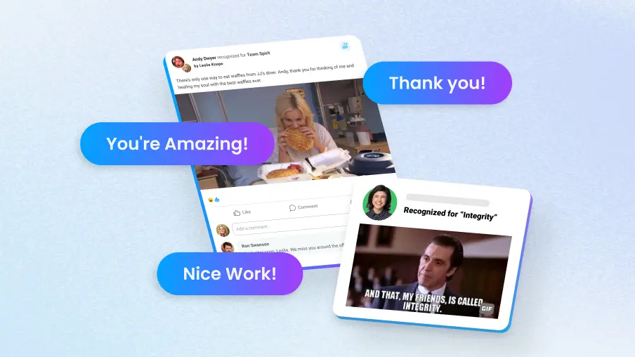 Motivosity recognition feed showing peer appreciation posts and GIFs illustrating social connection and employee engagement software features