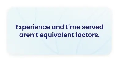 Pull quote card stating experience and time served aren't equivalent — employee success factors and HR hiring insight