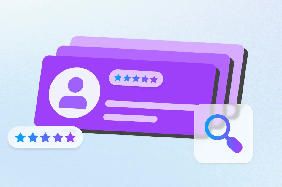 Illustrated employee profile cards with star ratings and search icon representing employee recognition and HR technology tools
