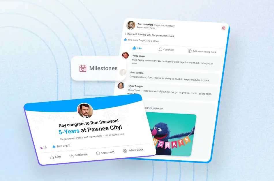 Employee milestone and service anniversary being celebrated in an employee recognition platform.
