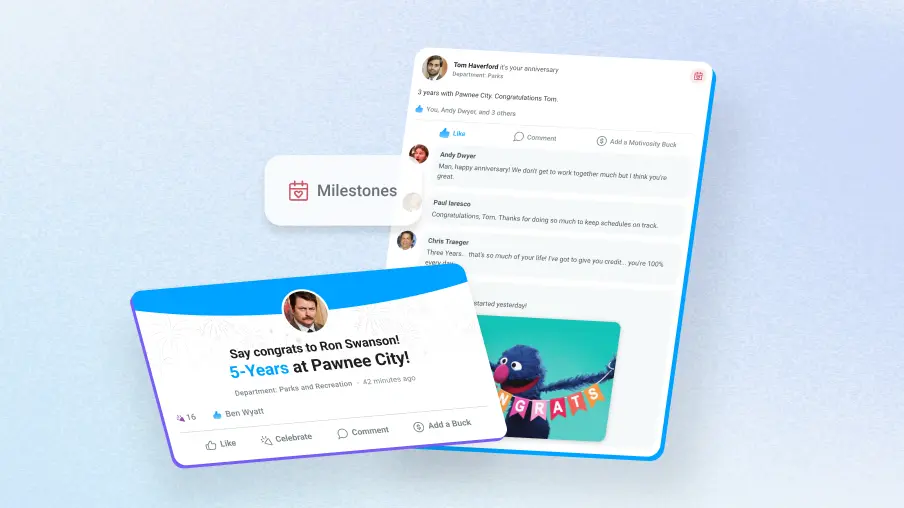 Employee milestone and service anniversary being celebrated in an employee recognition platform.