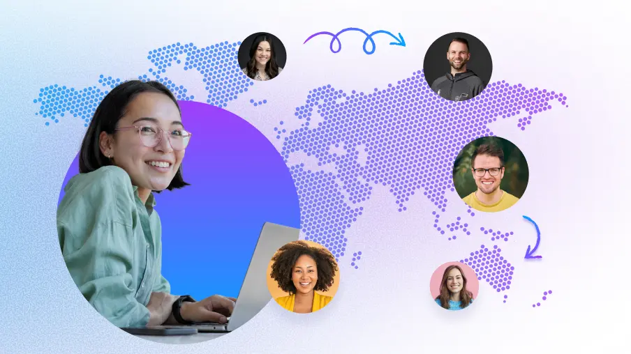 Remote employee working at a desk with a global background representing a global workforce.