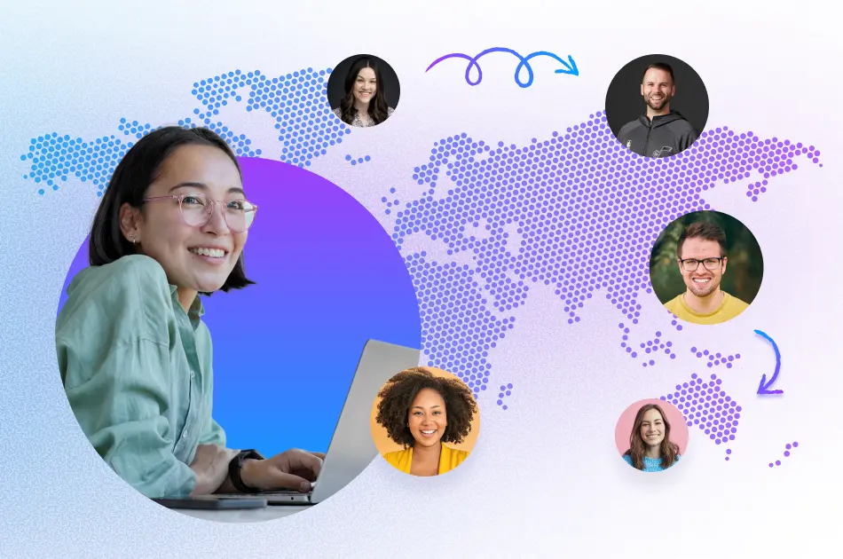 Remote employee working at a desk with a global background representing a global workforce.