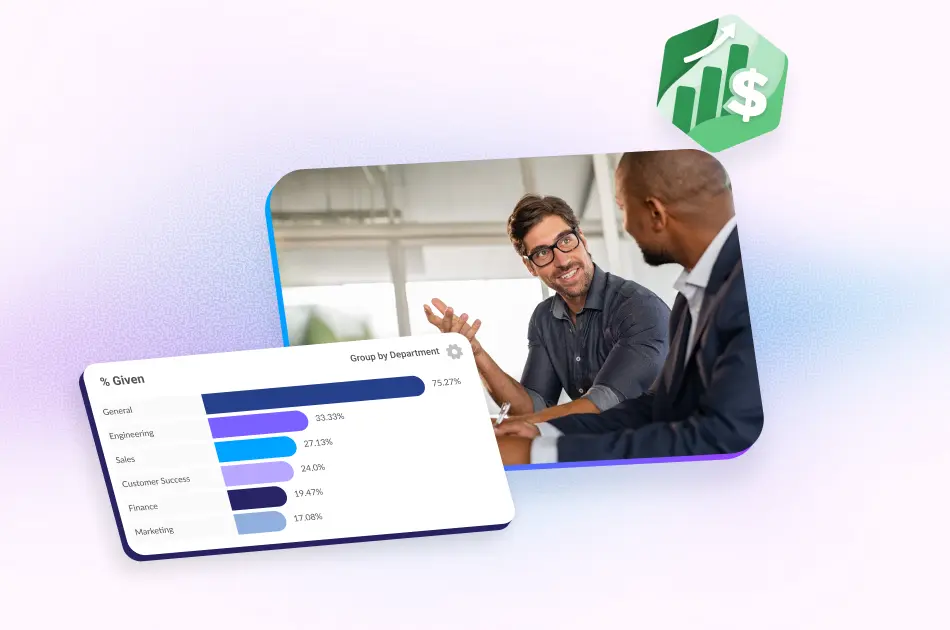 HR manager in conversation with employee alongside Motivosity recognition analytics dashboard showing departmental engagement data