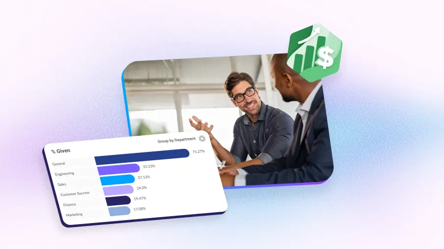 HR manager in conversation with employee alongside Motivosity recognition analytics dashboard showing departmental engagement data