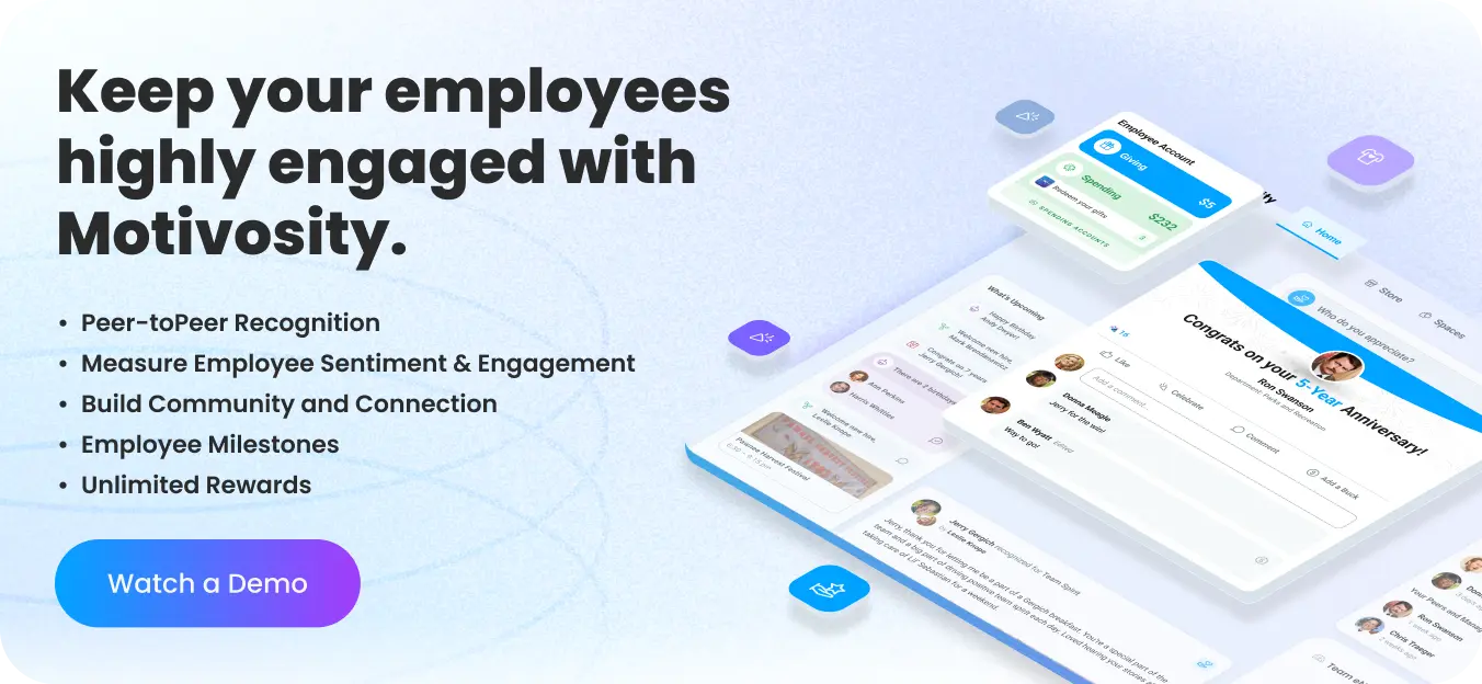 Motivosity employee engagement platform ad showing peer recognition, milestones, and unlimited rewards with Watch a Demo CTA