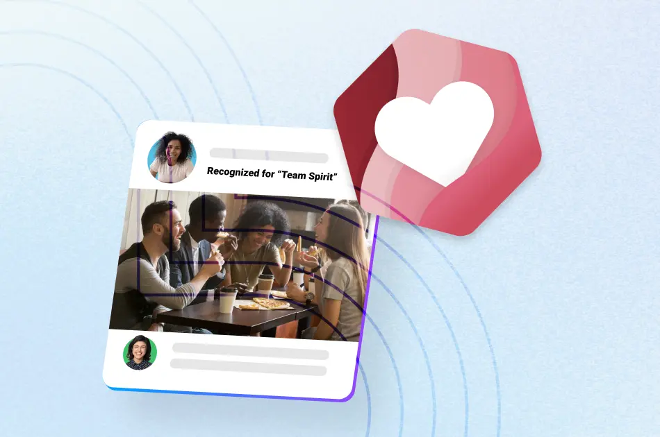 Motivosity recognition software UI showing employee recognized for Team Spirit with coworkers connecting over lunch — employee recognition platform