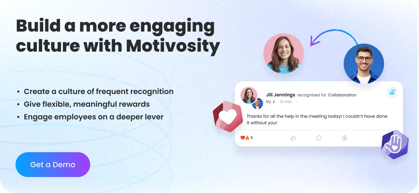 Motivosity recognition platform CTA banner showing peer recognition for Collaboration with Get a Demo button — employee engagement software