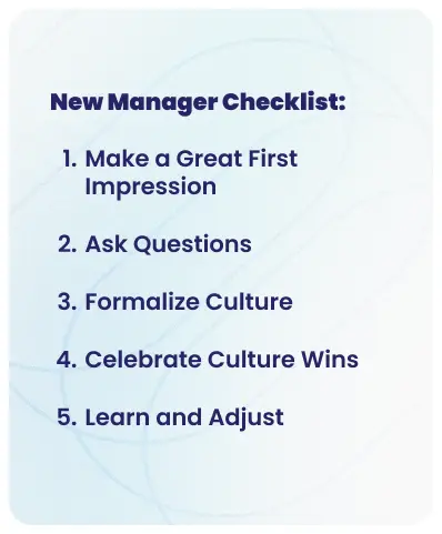 New manager checklist graphic with five steps including make a great first impression and celebrate culture wins — manager effectiveness tips