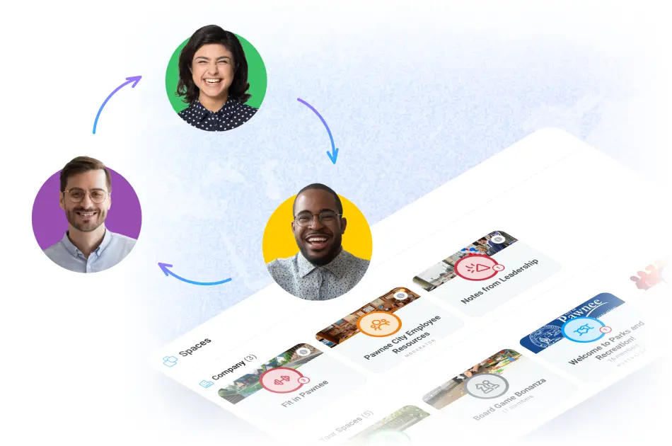 Motivosity peer recognition platform UI with employee connection arrows and team spaces — HR technology for peer-to-peer employee recognition