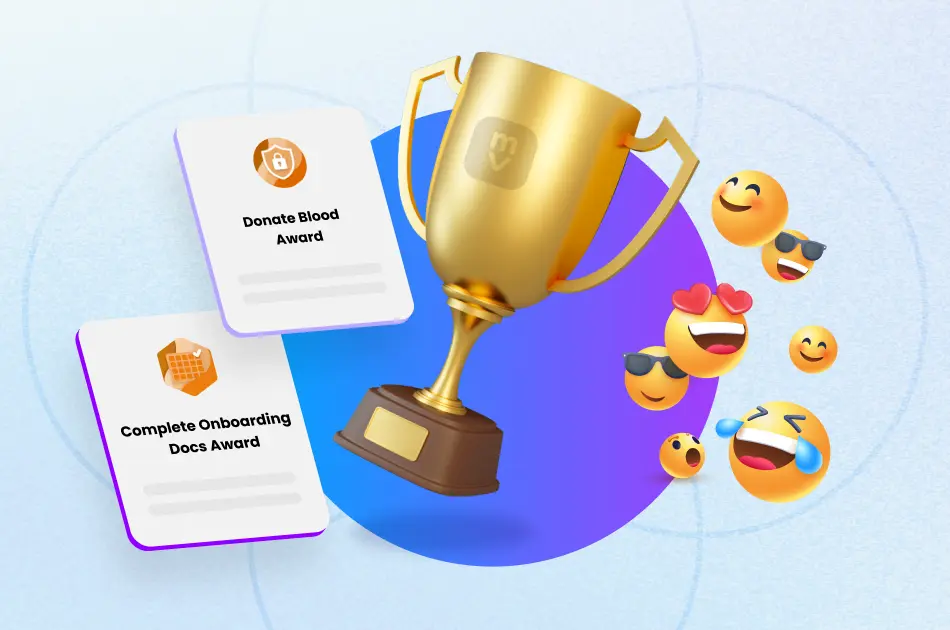 Motivosity award badges trophy and emoji reactions showing achievement-based employee recognition — HR technology for employee engagement programs