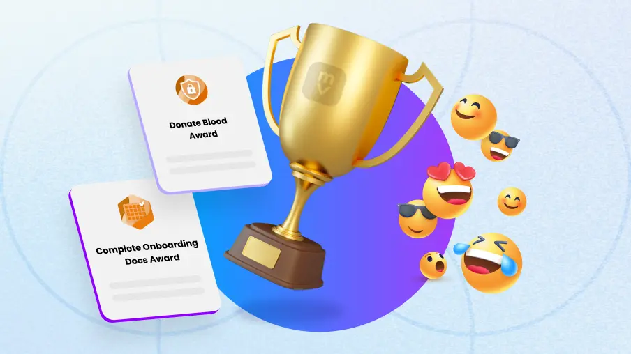 Motivosity award badges trophy and emoji reactions showing achievement-based employee recognition — HR technology for employee engagement programs