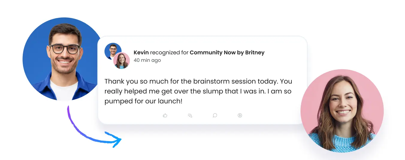 Motivosity peer recognition post showing employee thanked for brainstorm session — peer-to-peer employee recognition software example
