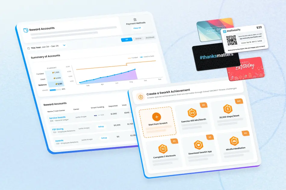 Motivosity reward accounts dashboard with Sworkit wellness achievement builder and ThanksCards — employee recognition and rewards platform for HR teams
