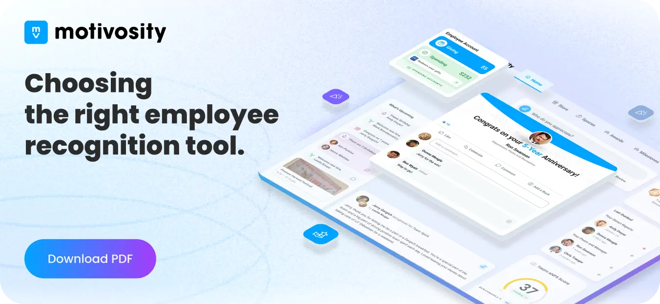 Motivosity platform CTA banner with recognition tool UI showing 5-year anniversary milestone and social feed — employee recognition software download PDF