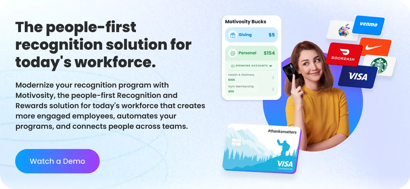 Motivosity people-first recognition platform CTA showing reward accounts ThanksMatters Visa and gift card options — employee rewards and recognition software
