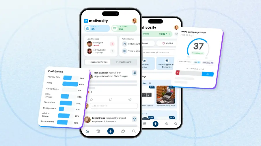 Mobile app showing employee engagement measurements like employee sentiment (eNPS) and more.