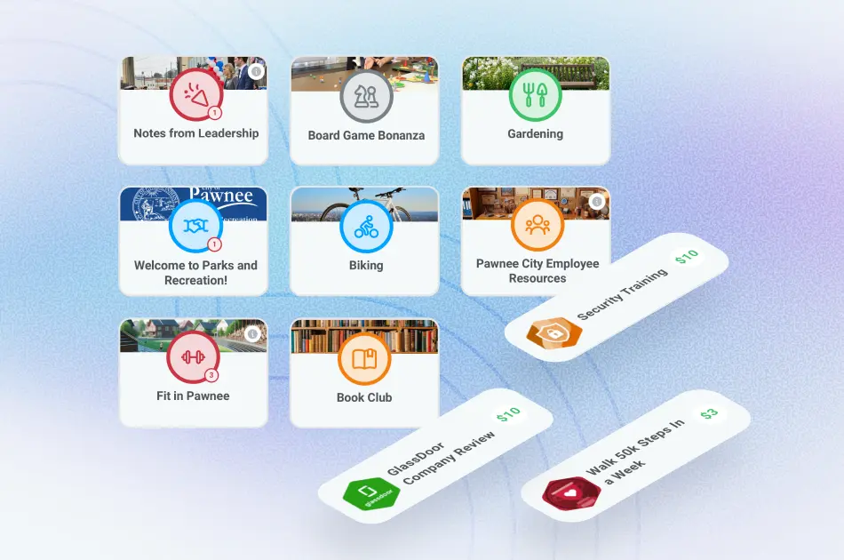 Motivosity employee spaces and achievement badges showing company groups wellness challenges and incentive programs — employee engagement software for development and recognition