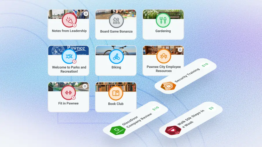 Motivosity platform showing employee interest spaces achievement challenges and incentive programs — HR technology for employee engagement and development