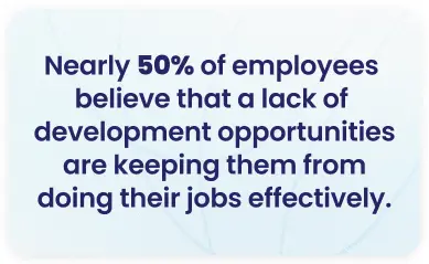 Statistic graphic showing nearly 50% of employees say lack of development opportunities hurts job effectiveness — employee development and HR strategy data