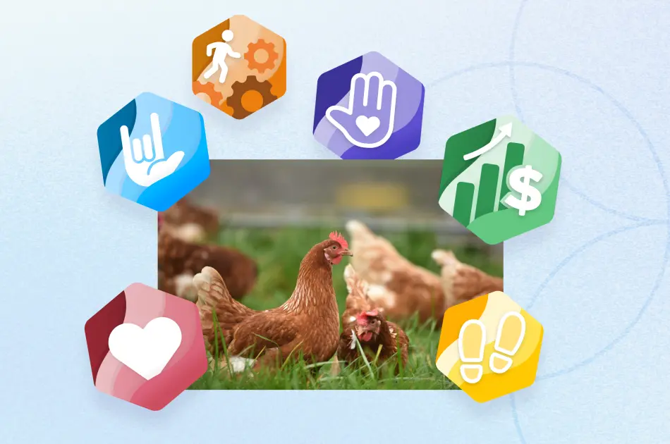 Chick-fil-A chickens surrounded by Motivosity achievement and recognition badges — company culture case study and employee recognition software illustration