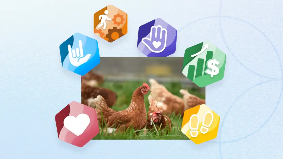 Chick-fil-A chickens surrounded by Motivosity achievement and recognition badges — company culture case study and employee recognition software illustration