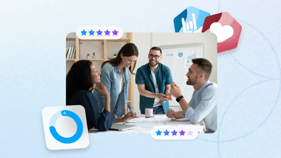 Engaged employees in team meeting with Motivosity achievement icons and star ratings — HR technology for employee morale recognition and engagement