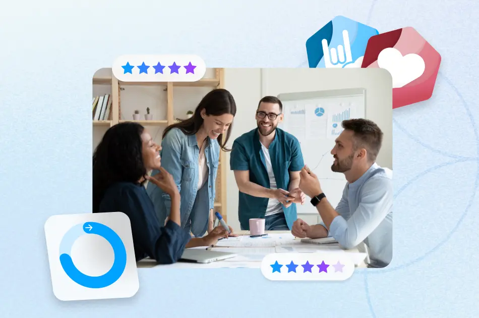 Happy team collaborating in office with Motivosity recognition badges and star rating icons — employee engagement and morale platform for company culture
