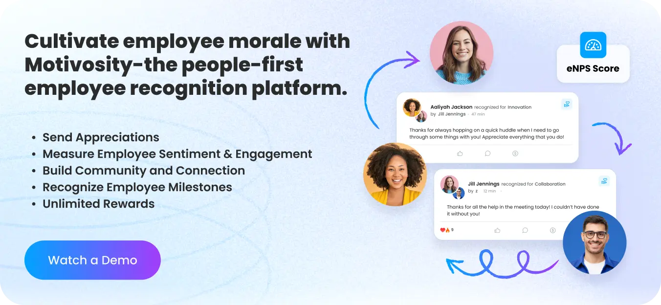 Motivosity recognition platform CTA showing peer recognition posts eNPS score and employee appreciation feed — people-first employee recognition software for morale