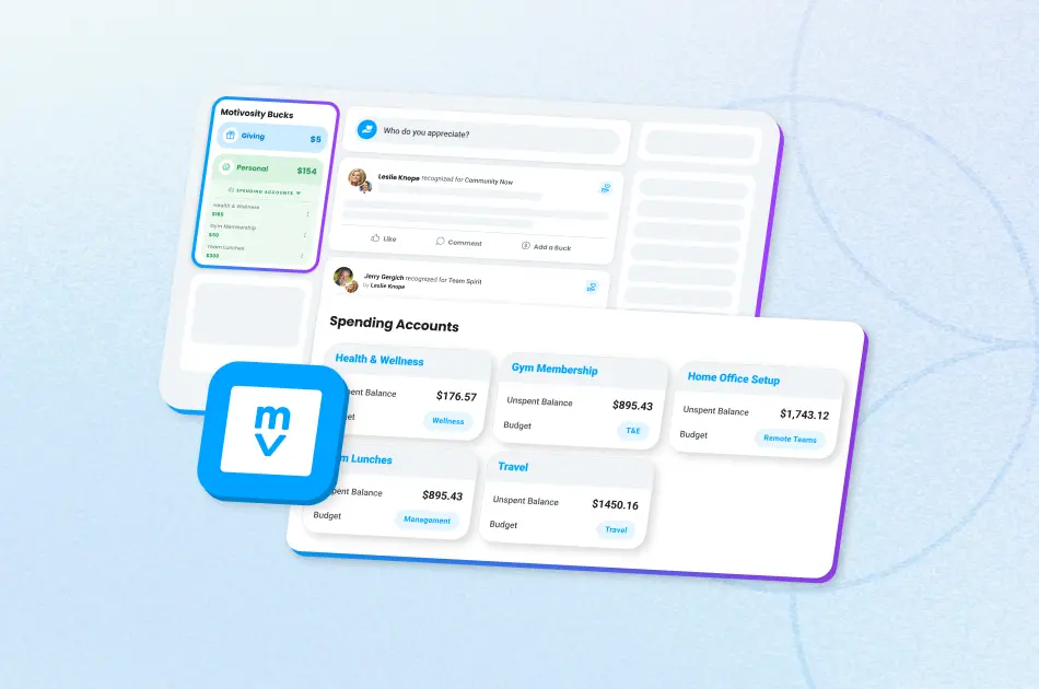 Motivosity lifestyle spending accounts blog header showing employee benefits platform and ThanksMatters Visa card UI