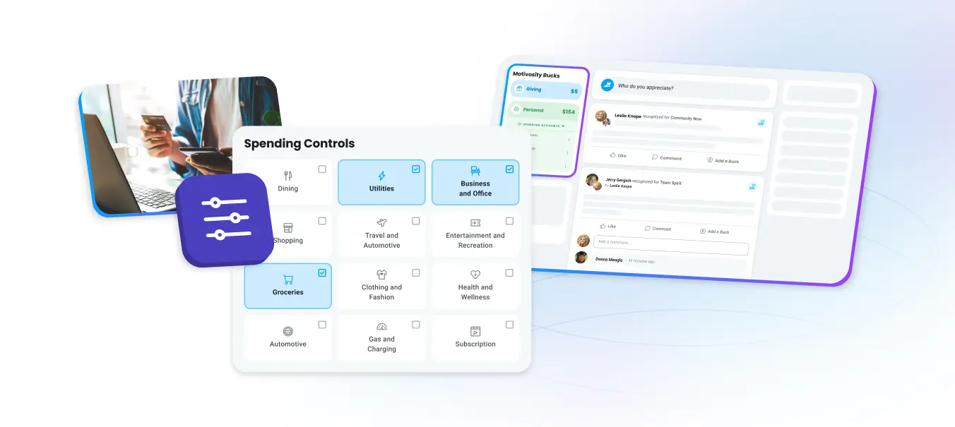 Motivosity spending controls and recognition feed UI showing LSA categories like groceries, utilities, and health and wellness