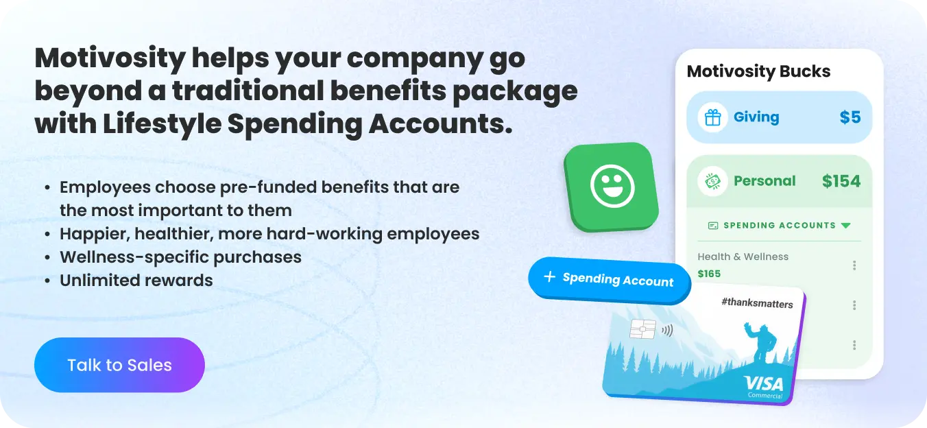 Motivosity Lifestyle Spending Accounts employee benefits graphic with ThanksMatters Visa card and spending account dashboard