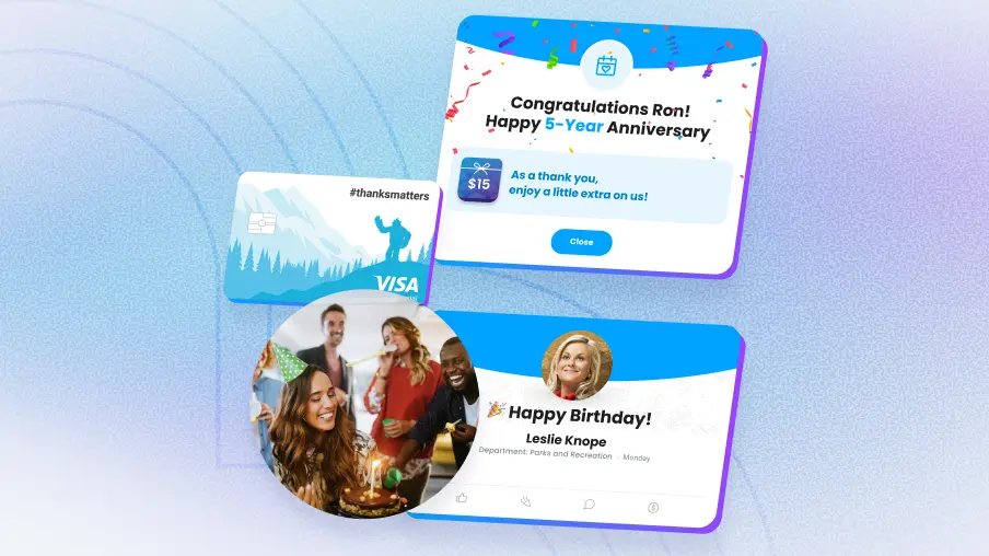Work anniversary recognition blog header — Motivosity employee milestone celebration with ThanksMatters Visa and automated workiversary tools